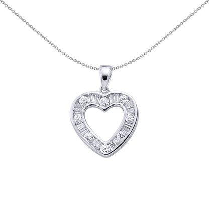Sterling Silver  Baguette CZ Open Halo Love Heart Pendant Necklace - GVP125