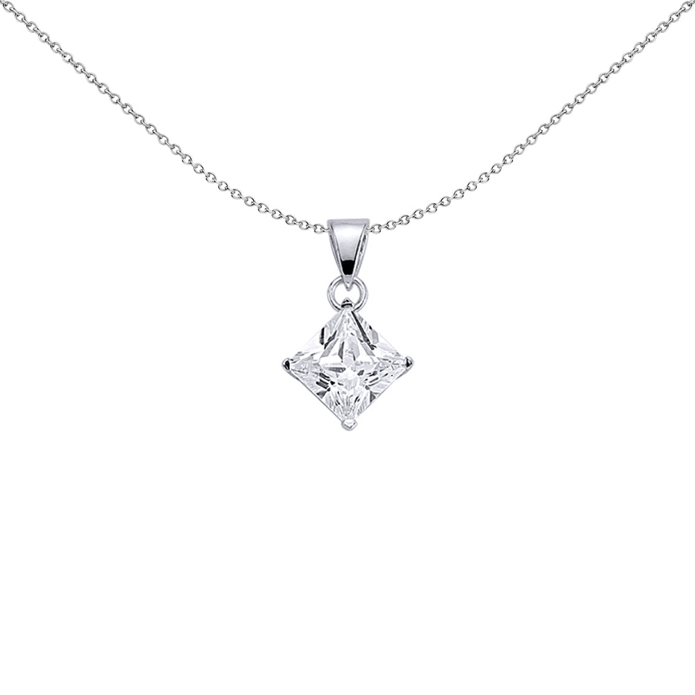 Silver  Princess Cut CZ 4 Claw Solitaire Charm Necklace 18 inch - GVP142