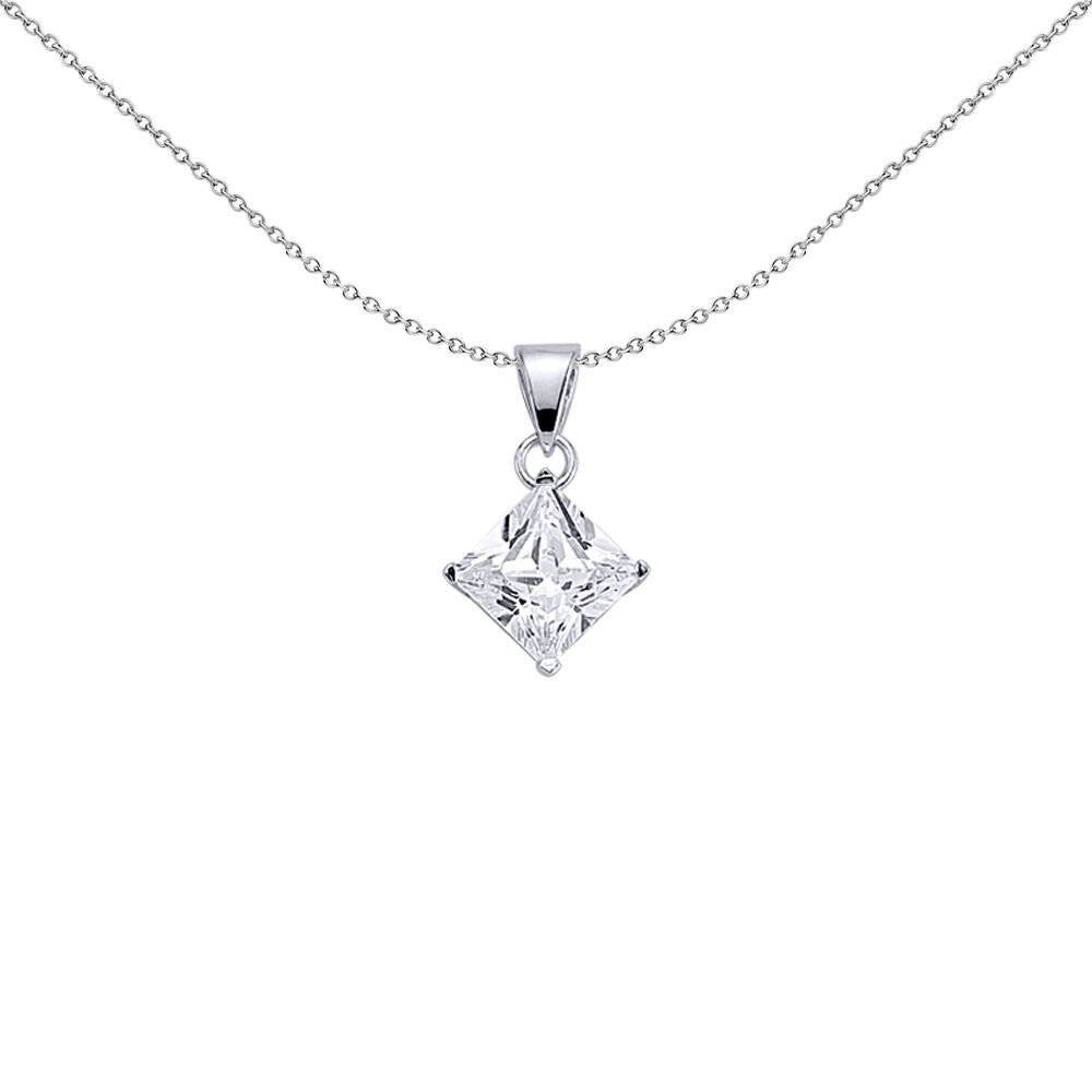 Silver  Princess Cut CZ 4 Claw Solitaire Charm Necklace 18 inch - GVP142