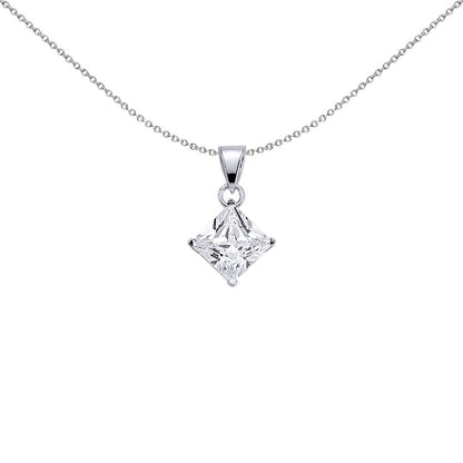 Silver  Princess Cut CZ 4 Claw Solitaire Charm Necklace 18 inch - GVP142