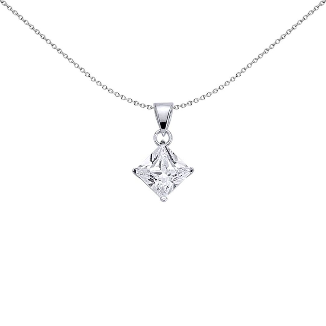 Silver  Princess Cut CZ 4 Claw Solitaire Charm Necklace 8mm 3.00CT - GVP142