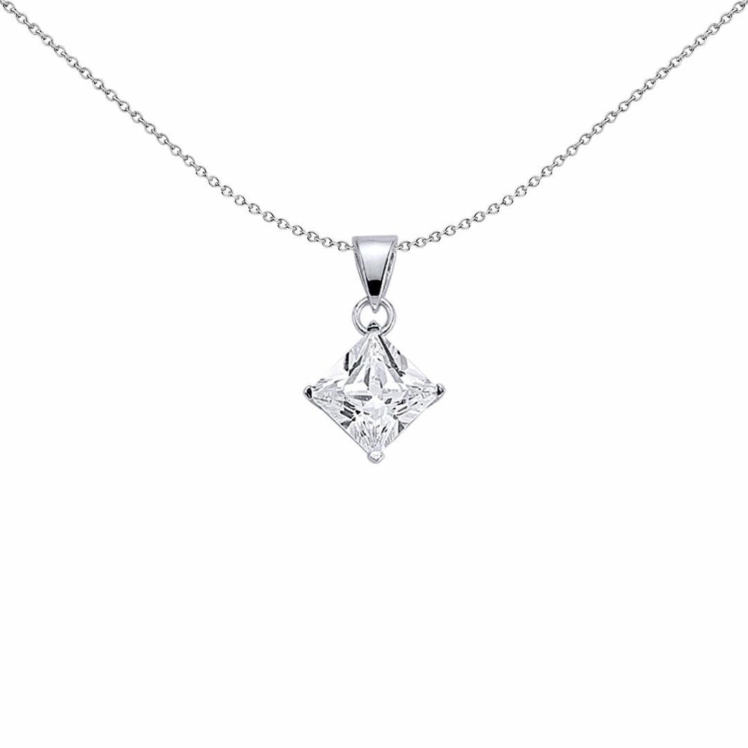Silver  Princess Cut CZ 4 Claw Solitaire Charm Necklace 18 inch - GVP142