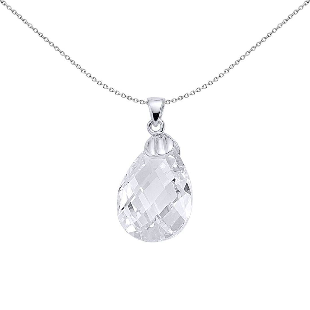 Silver  Pear CZ Pear Drop Charm Checkerboard Solitaire Pendant - GVP145