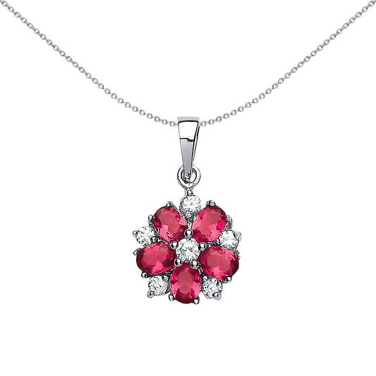 Silver  Ruby-Red Oval CZ Tudor Rose Flower Pendant Necklace - GVP181