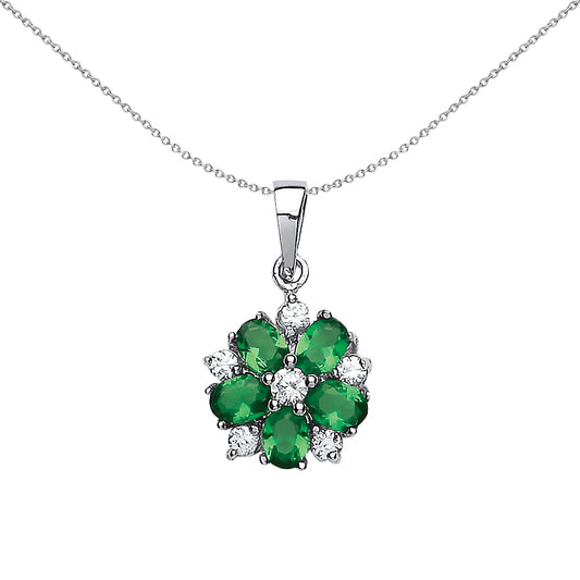 Silver  Green Oval CZ Tudor Rose Flower Pendant Necklace - GVP181EME