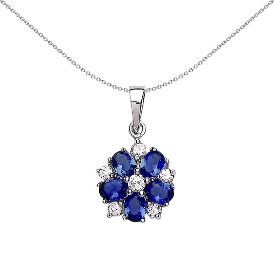 Silver  Blue Oval CZ Tudor Rose Flower Pendant Necklace - GVP181SAP