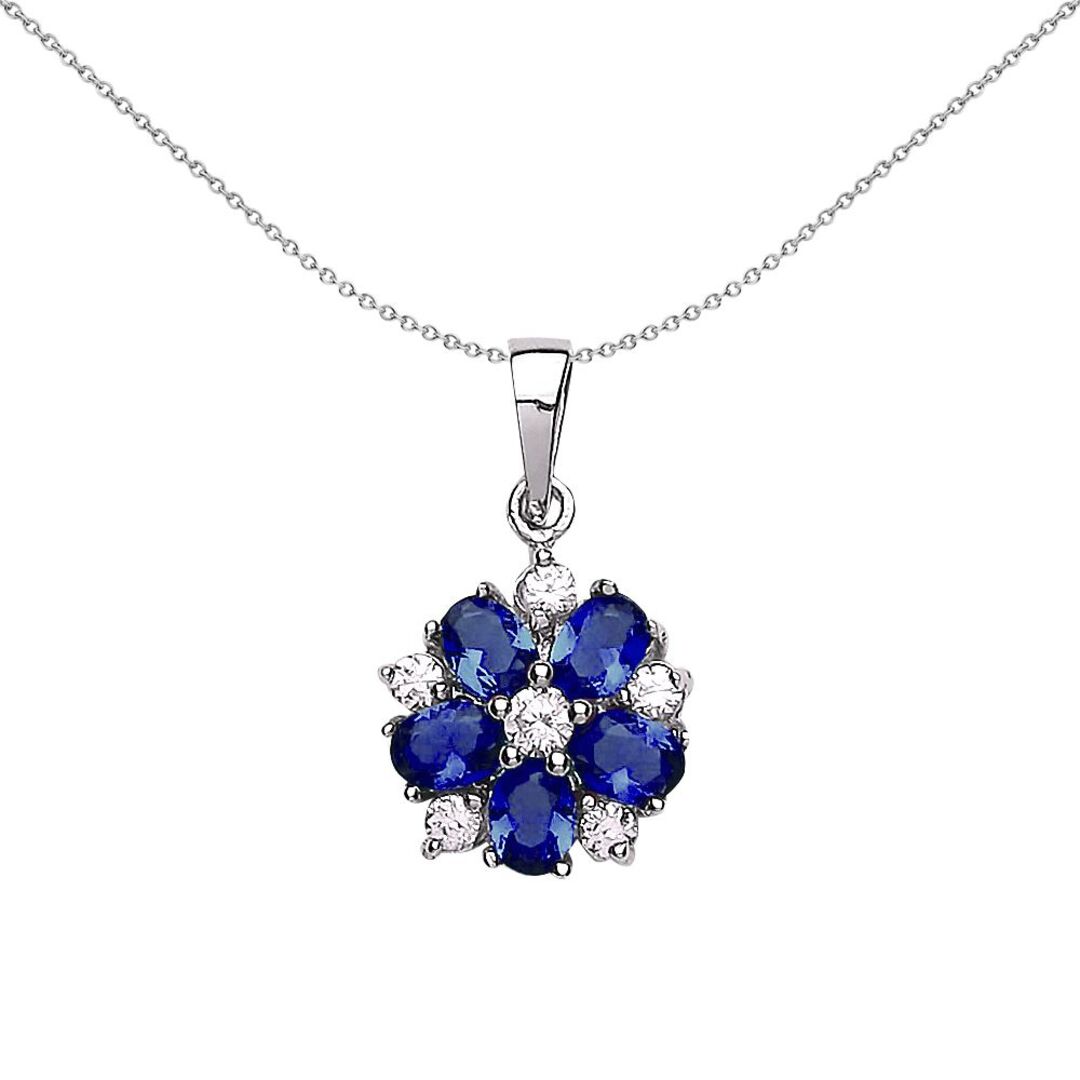 Sterling Silver  Blue Oval CZ Tudor Rose Flower Botanical Pendant - GVP181SAP