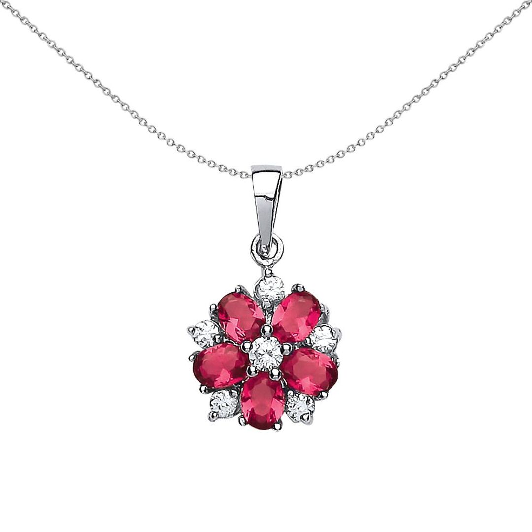 Silver  Ruby-Red Oval CZ Tudor Rose Flower Botanical Pendant - GVP181