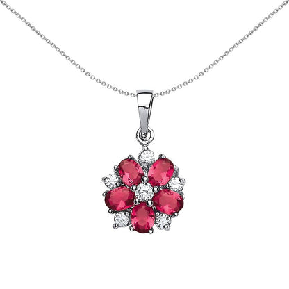Silver  Ruby-Red Oval CZ Tudor Rose Flower Botanical Pendant - GVP181