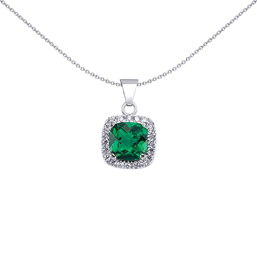 Sterling Silver  Green Cushion CZ Halo Cluster Solitaire Pendant - GVP191EM