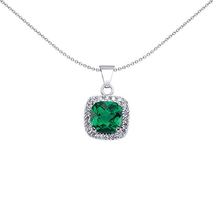 Sterling Silver  Green Cushion CZ Halo Cluster Solitaire Pendant - GVP191EM