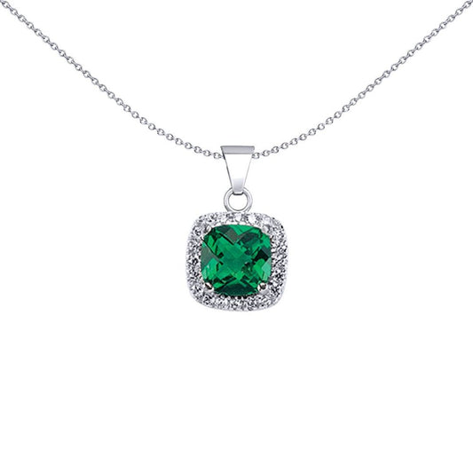 Sterling Silver  Green Cushion CZ Halo Cluster Solitaire Pendant - GVP191EM