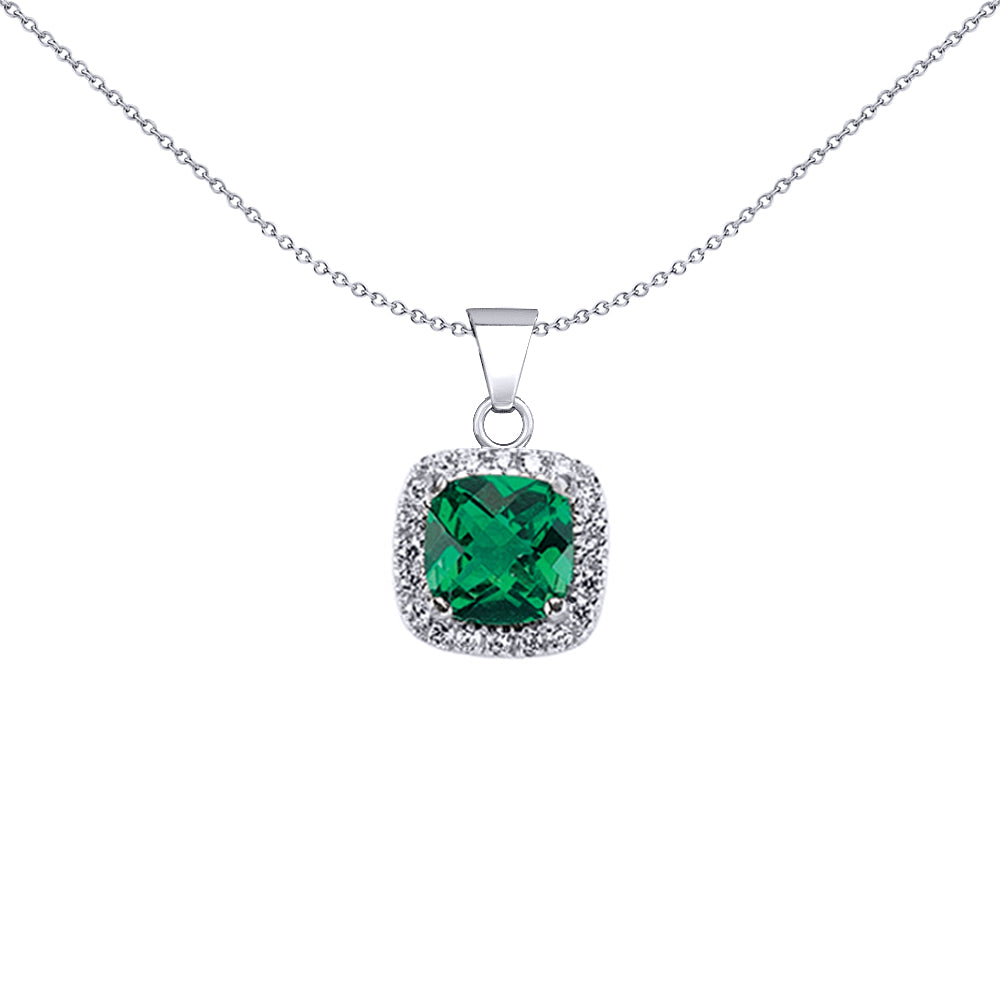 Silver  Green Cushion CZ Halo Cluster Pendant Necklace 18 inch - GVP191EM