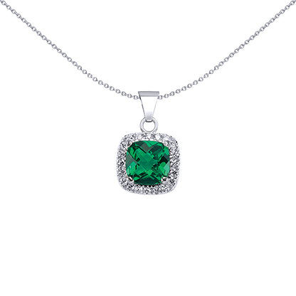 Silver  Green Cushion CZ Halo Cluster Pendant Necklace 18 inch - GVP191EM