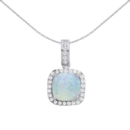 Silver  Opal Cushion CZ Halo Cluster Pendant Necklace 18 inch - GVP191OP