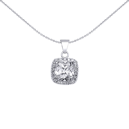 Silver  Cushion CZ Halo Cluster Pendant Necklace 18 inch - GVP191W