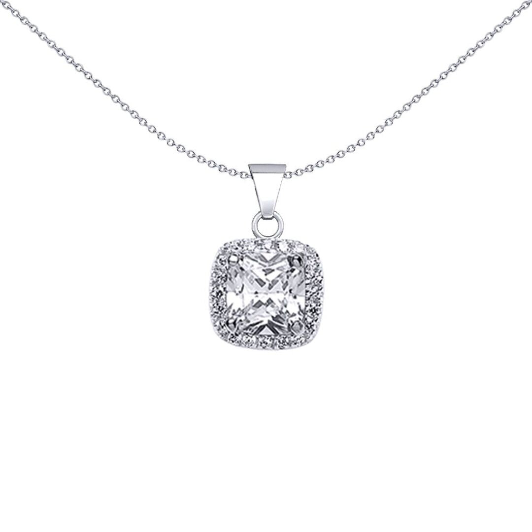 Sterling Silver  Cushion CZ Halo Cluster Solitaire Pendant - GVP191W