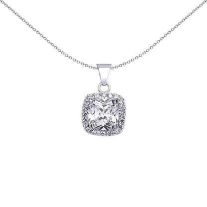 Sterling Silver  Cushion CZ Halo Cluster Solitaire Pendant - GVP191W
