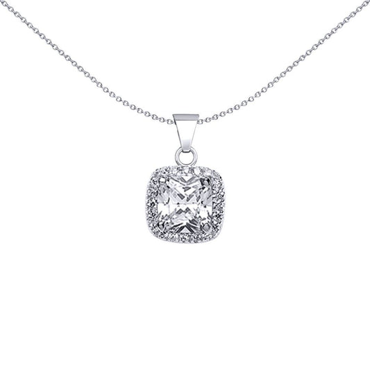 Sterling Silver  Cushion CZ Halo Cluster Solitaire Pendant - GVP191W