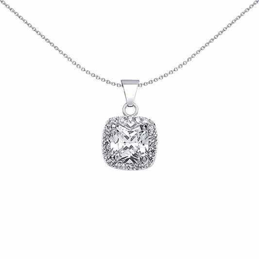 Silver  Cushion CZ Halo Cluster Pendant Necklace 18 inch - GVP191W