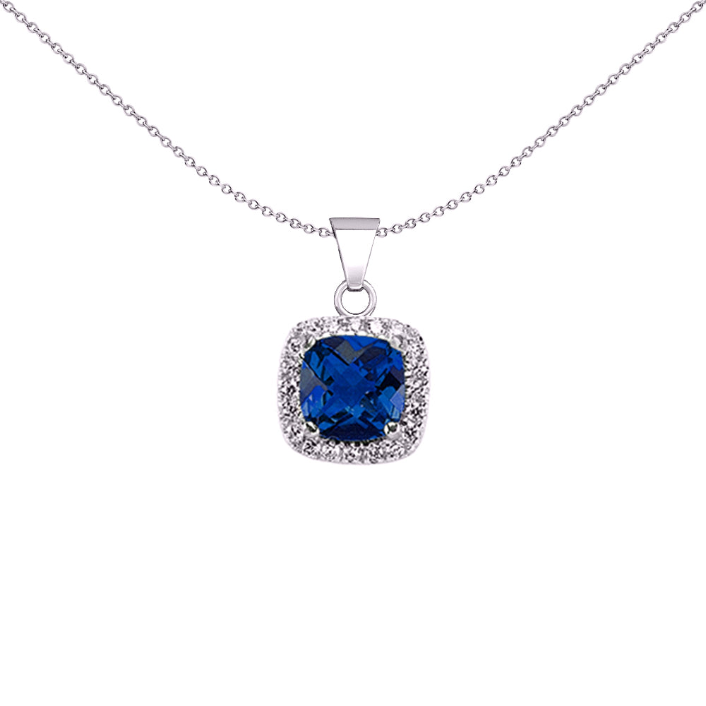 Silver  Blue Cushion CZ Halo Cluster Pendant Necklace 18 inch - GVP191