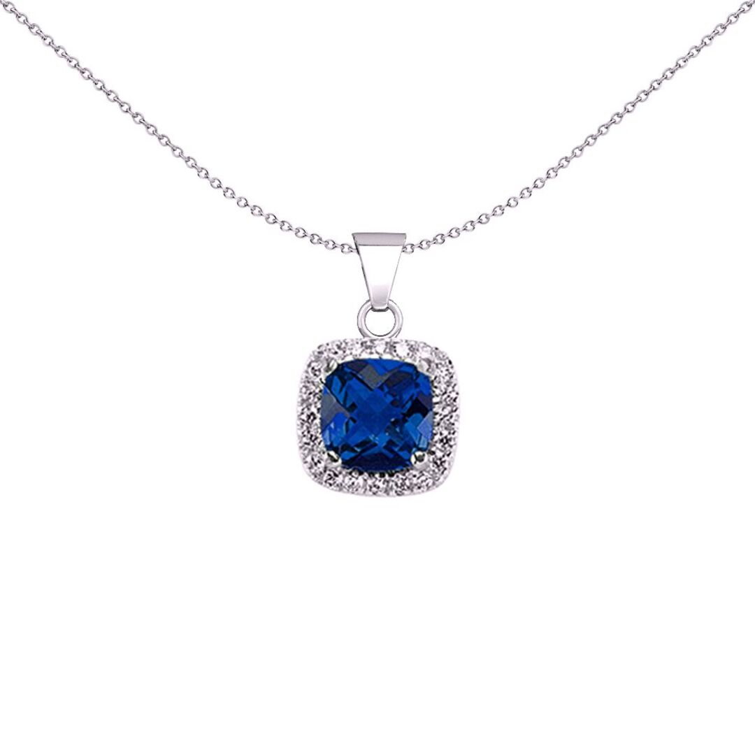 Sterling Silver  Blue Cushion CZ Halo Cluster Solitaire Pendant - GVP191