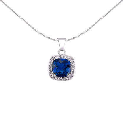 Silver  Blue Cushion CZ Halo Cluster Pendant Necklace 18 inch - GVP191