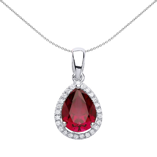 Silver  Red Pear CZ Halo Tears of Joy Pendant Necklace 18 inch - GVP194