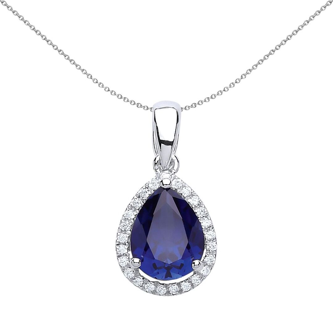Sterling Silver  Blue Pear CZ Solitaire Pear Halo Pendant Necklace - GVP194SAP