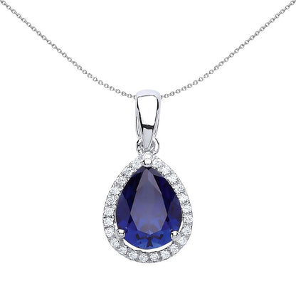 Sterling Silver  Blue Pear CZ Solitaire Pear Halo Pendant Necklace - GVP194SAP