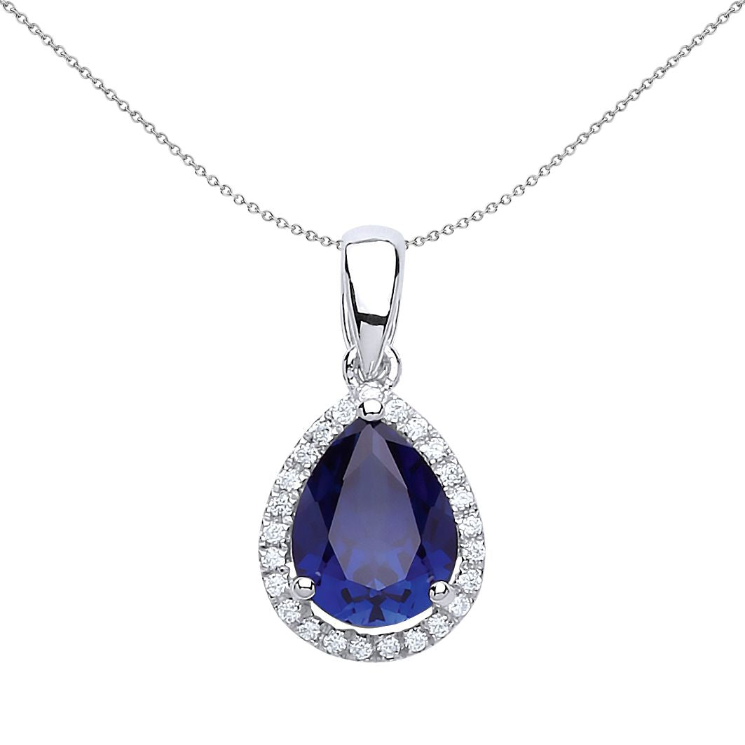 Silver  Blue Pear CZ Pear Halo Pendant Necklace 18 inch - GVP194SAP