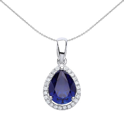 Silver  Blue Pear CZ Pear Halo Pendant Necklace 18 inch - GVP194SAP