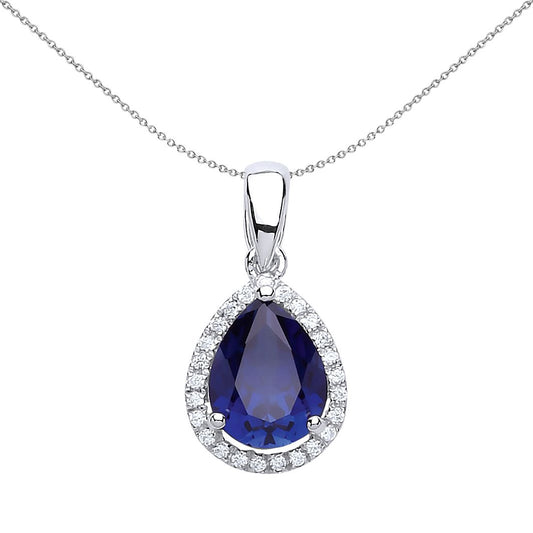 Silver  Blue Pear CZ Pear Halo Pendant Necklace 18 inch - GVP194SAP