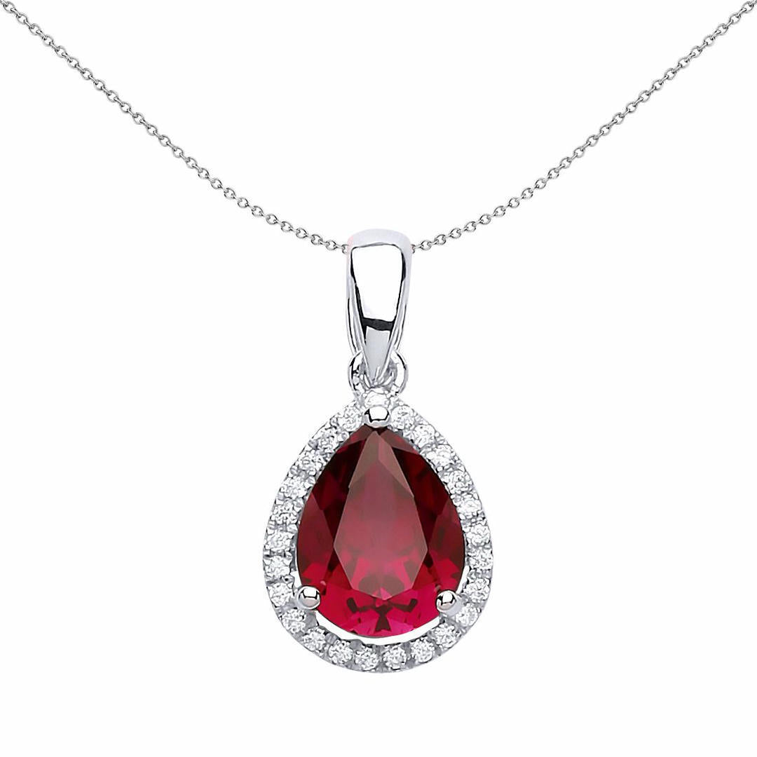 Silver  Red Pear CZ Halo Tears of Joy Pendant Necklace 18 inch - GVP194