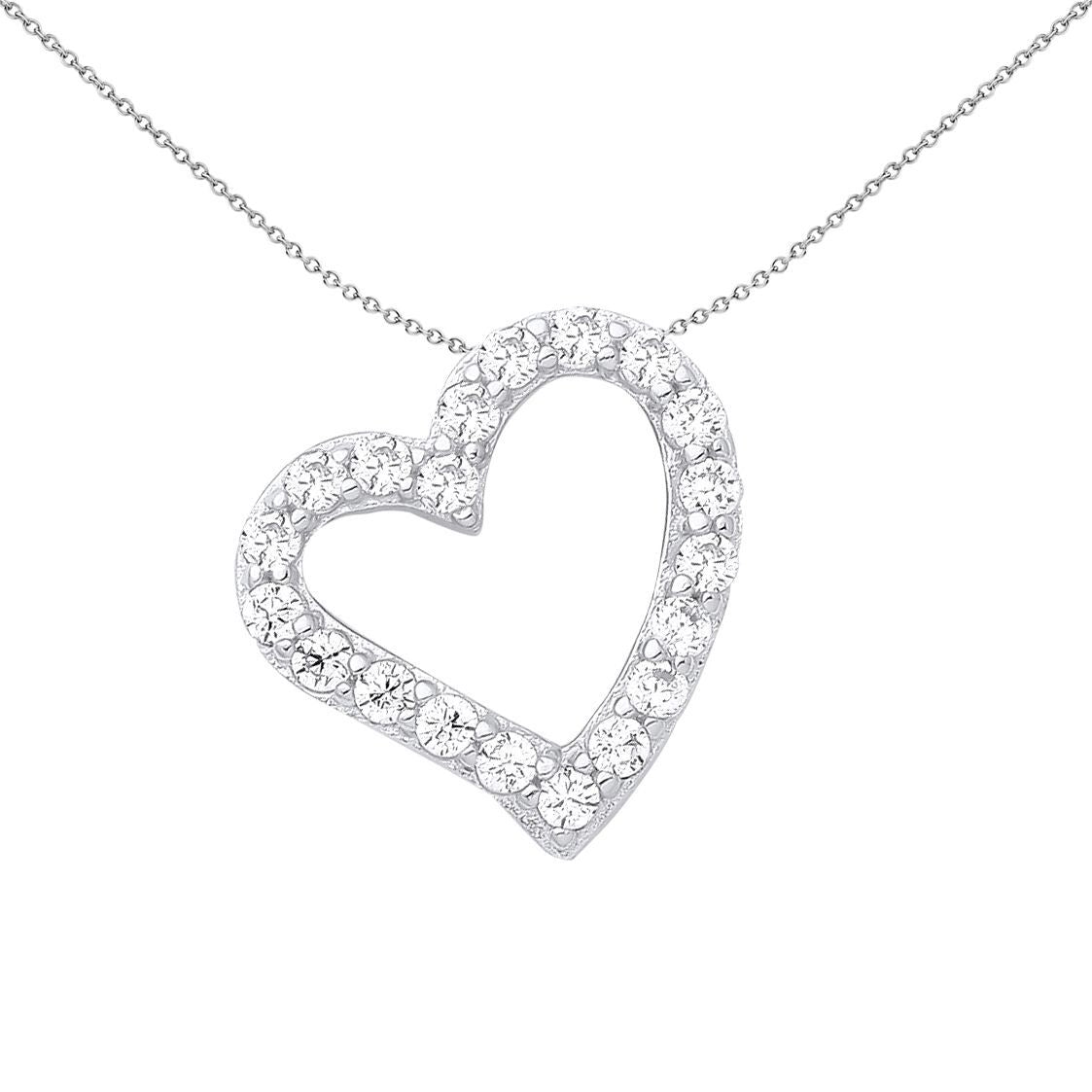 Sterling Silver  CZ Love Heart Outline Pendant Necklace - GVP214WH