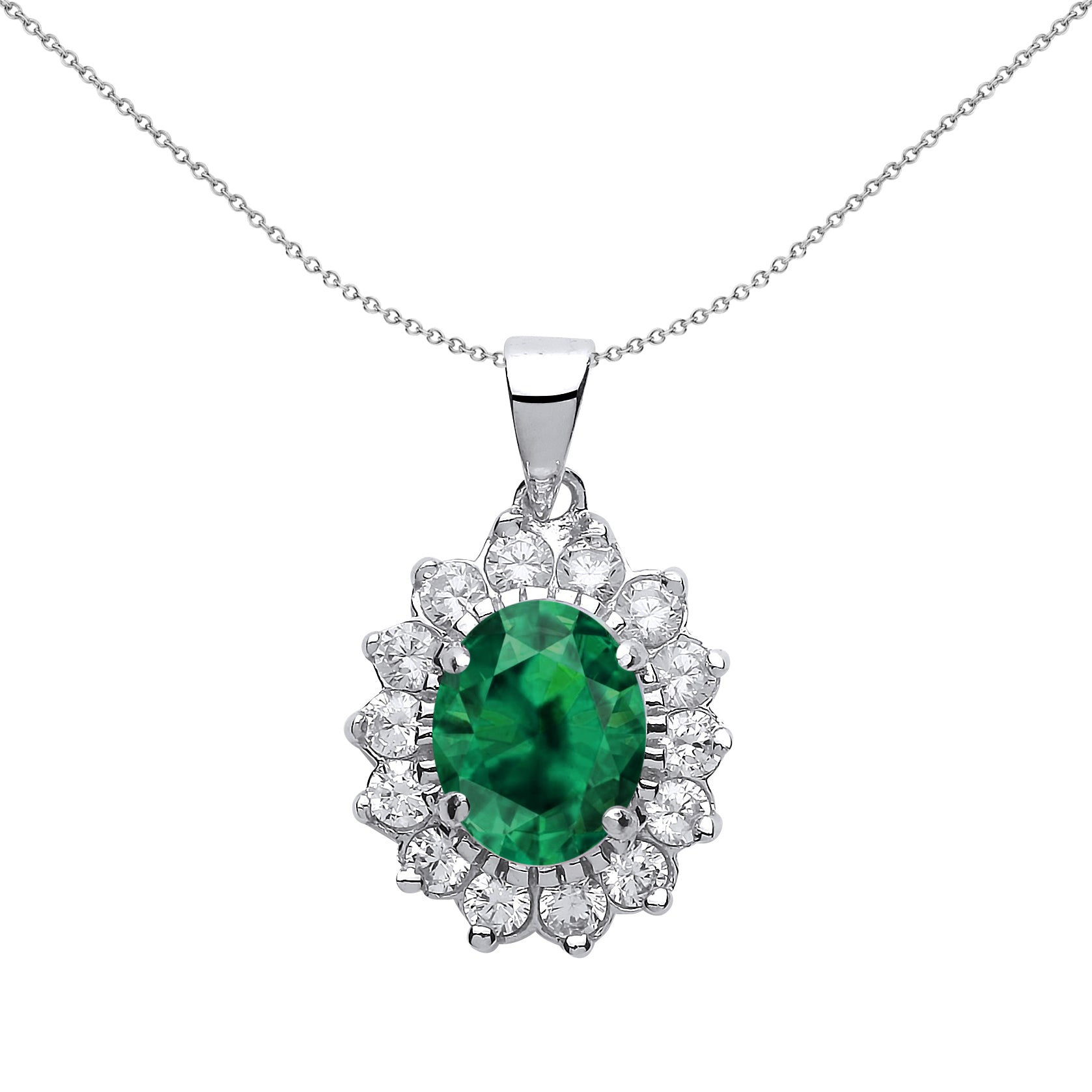 Silver  Green Oval CZ Royal Cluster Pendant Necklace 18 inch - GVP216EM