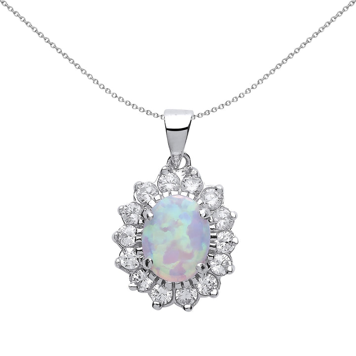 Silver  Oval Opal Royal Cluster Pendant Necklace 18 inch - GVP216OP