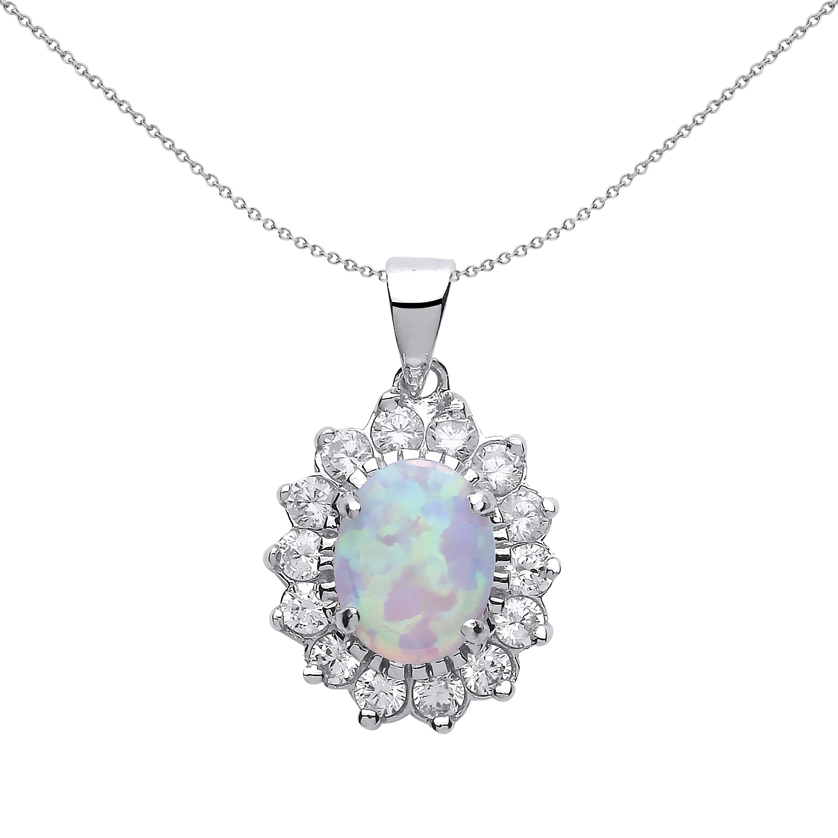 Silver  Oval Opal Royal Cluster Pendant Necklace 18 inch - GVP216OP