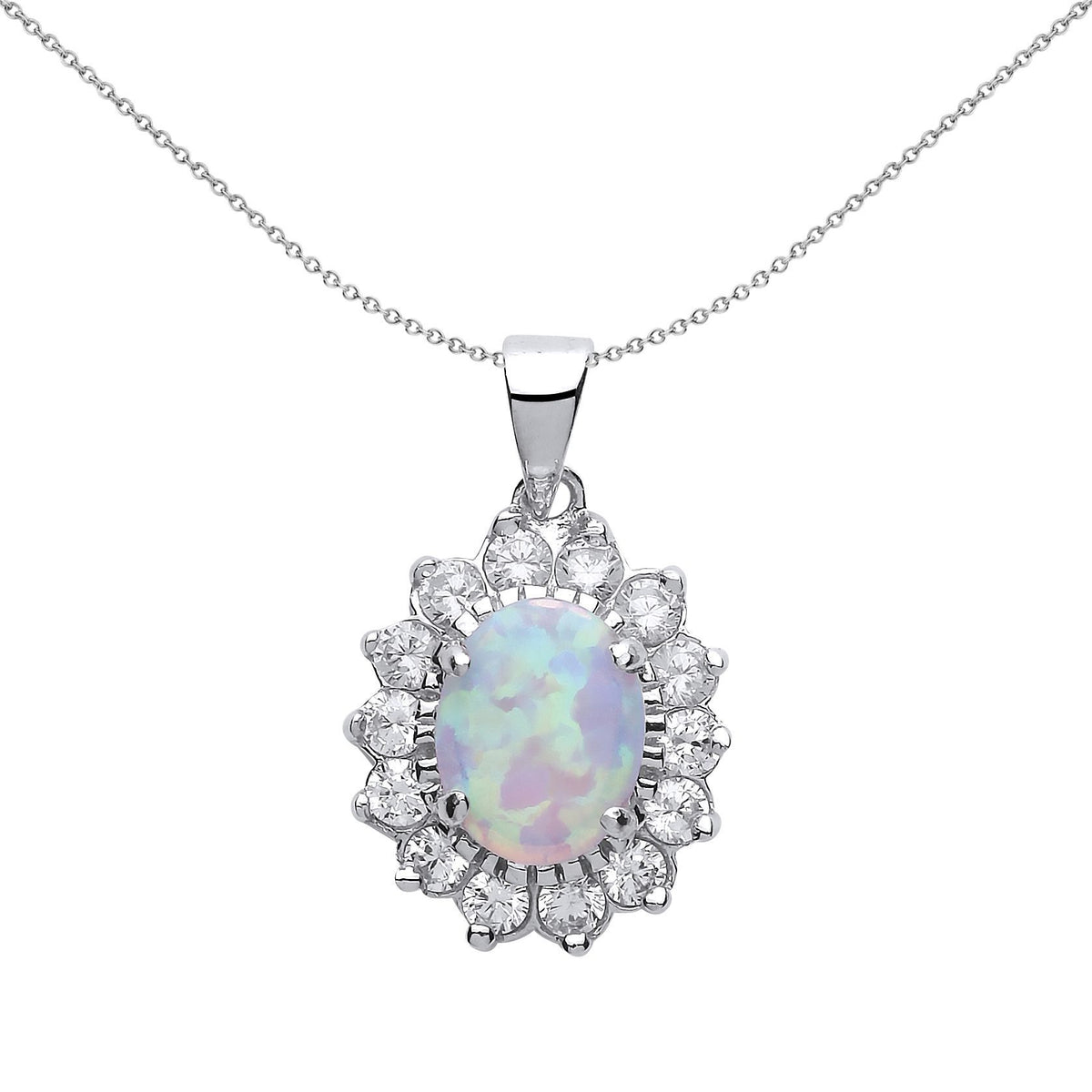 Sterling Silver  Oval Opal Royal Cluster Solitaire Halo Pendant - GVP216OP