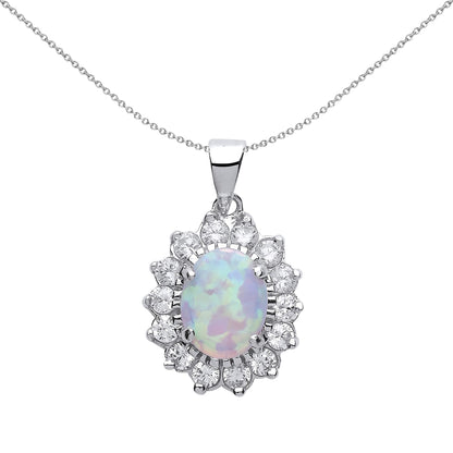 Sterling Silver  Oval Opal Royal Cluster Solitaire Halo Pendant - GVP216OP