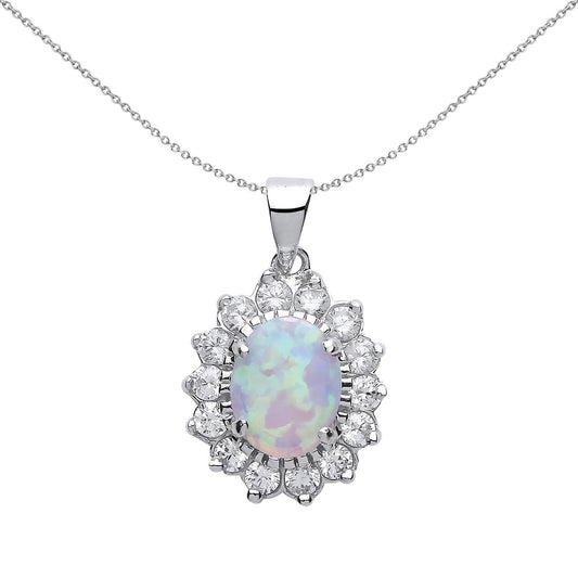 Sterling Silver  Oval Opal Royal Cluster Solitaire Halo Pendant - GVP216OP