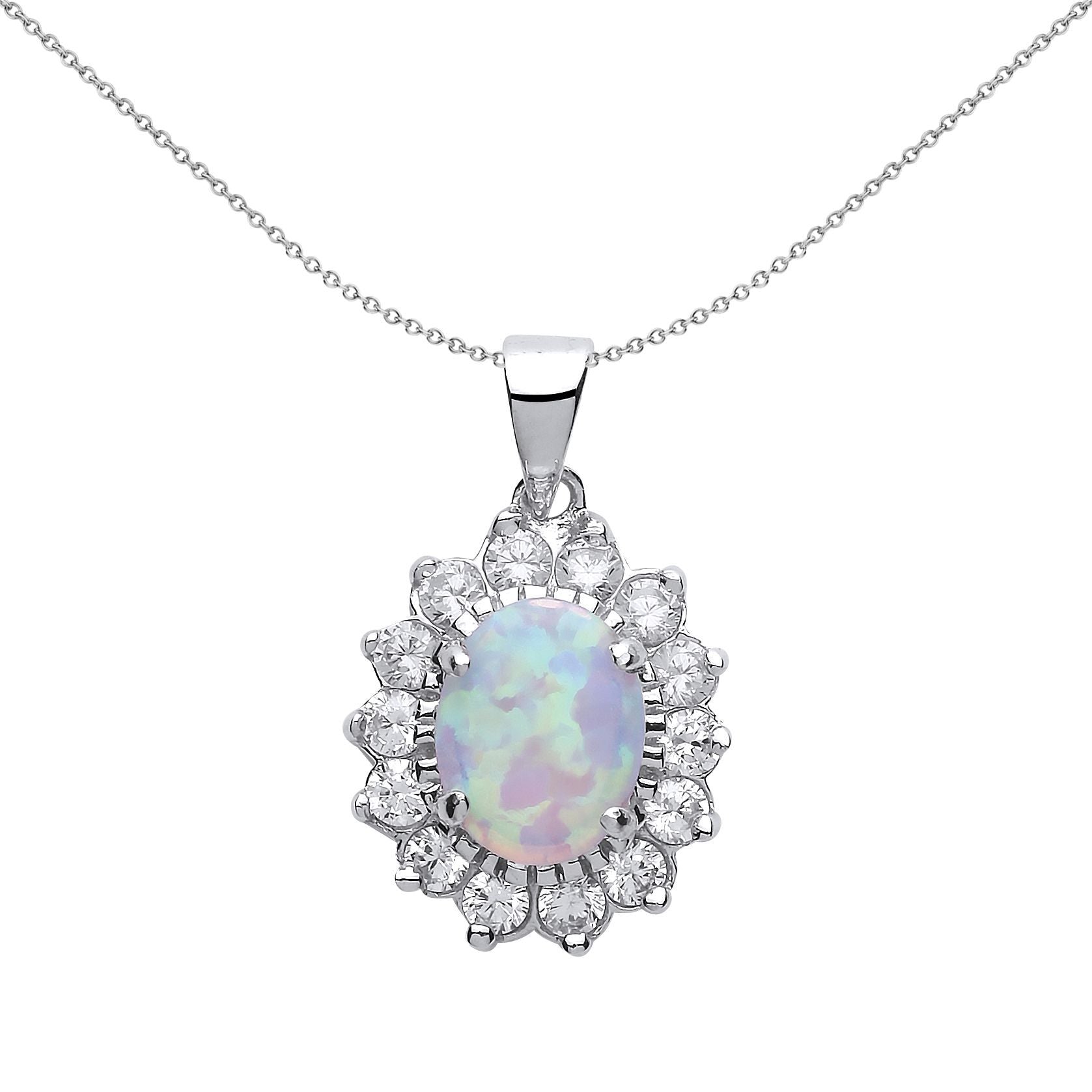 Silver  Oval Opal Royal Cluster Pendant Necklace - GVP216OP