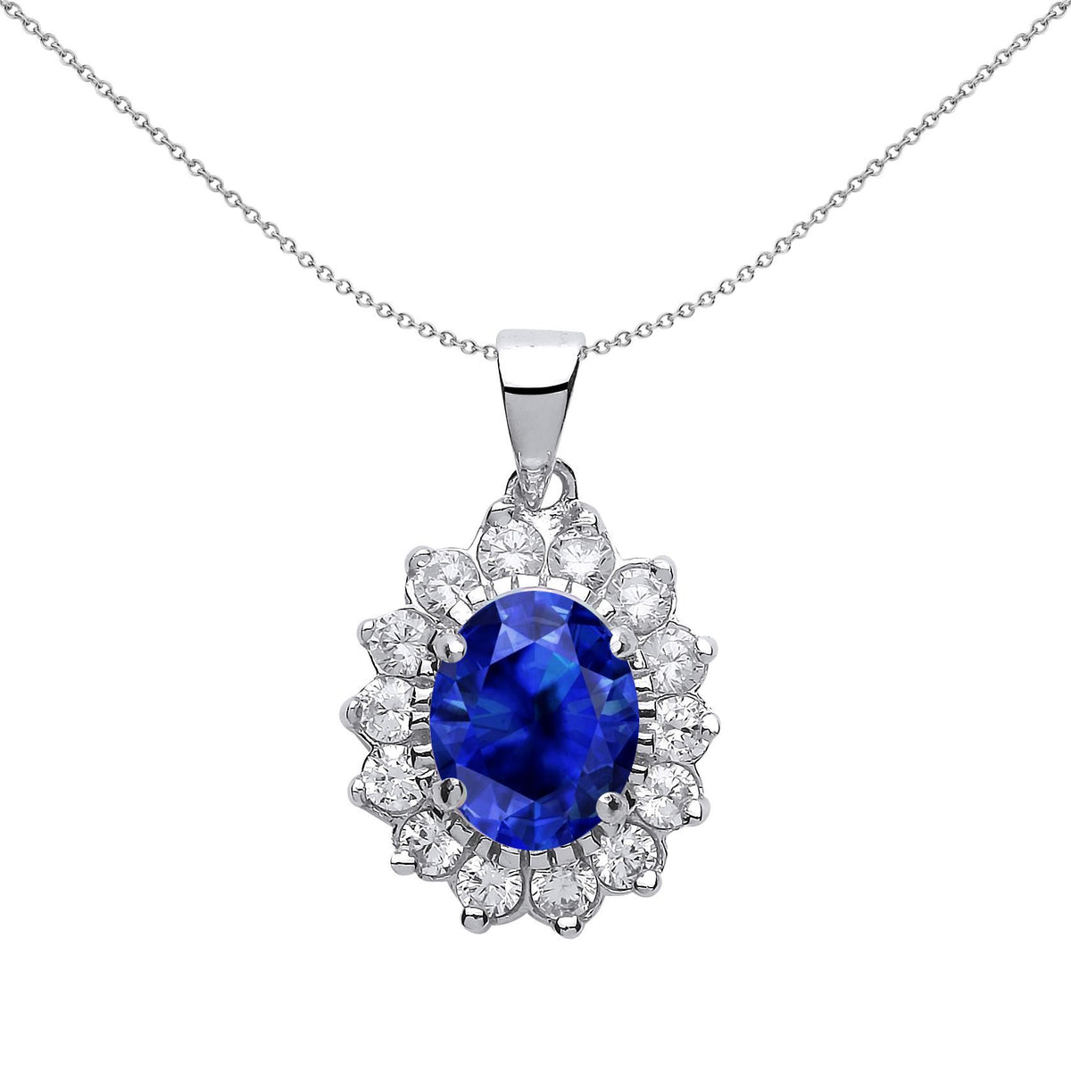 Sterling Silver  Blue Oval CZ Lady Di Solitaire Halo Pendant - GVP216SAP