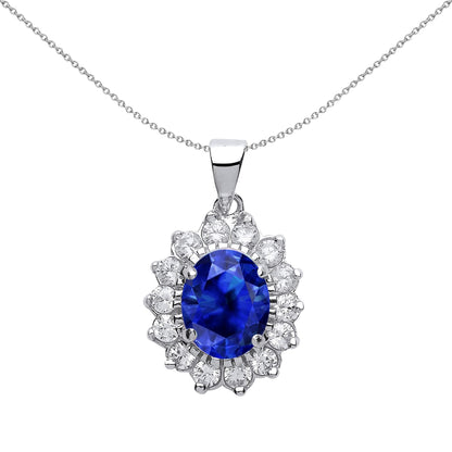 Sterling Silver  Blue Oval CZ Lady Di Solitaire Halo Pendant - GVP216SAP