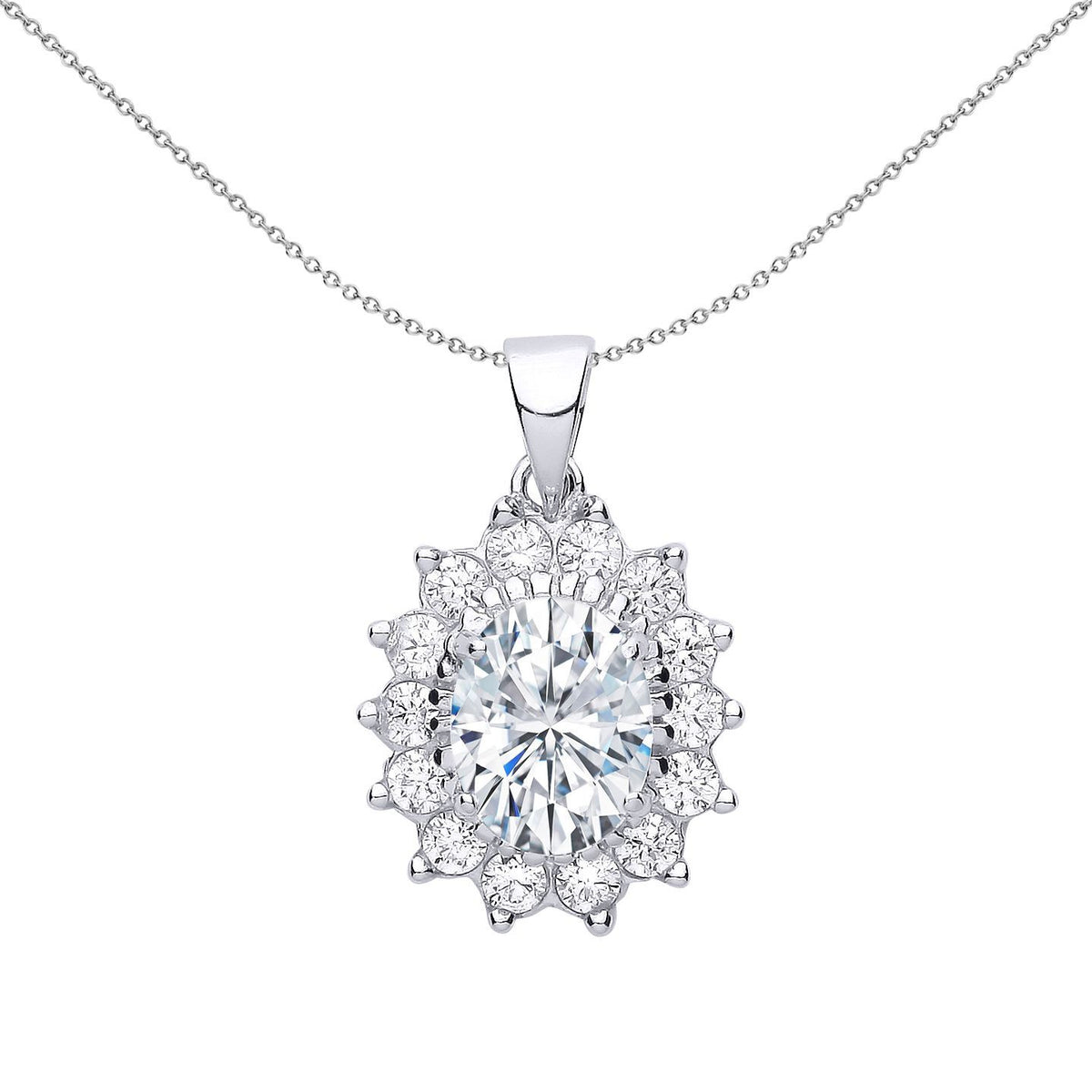 Sterling Silver  Oval CZ Royal Cluster Solitaire Halo Pendant - GVP216W