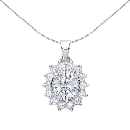 Sterling Silver  Oval CZ Royal Cluster Solitaire Halo Pendant - GVP216W