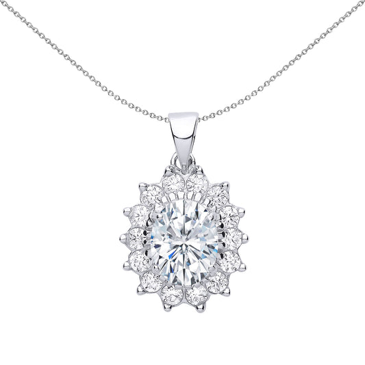 Silver  Oval CZ Royal Cluster Pendant Necklace 18 inch - GVP216W