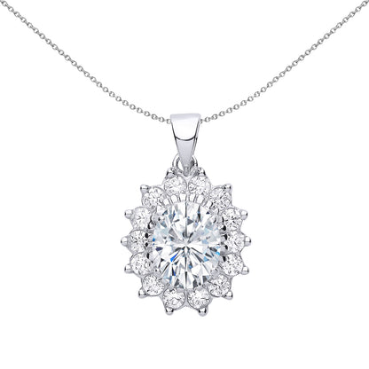 Silver  Oval CZ Royal Cluster Pendant Necklace 18 inch - GVP216W