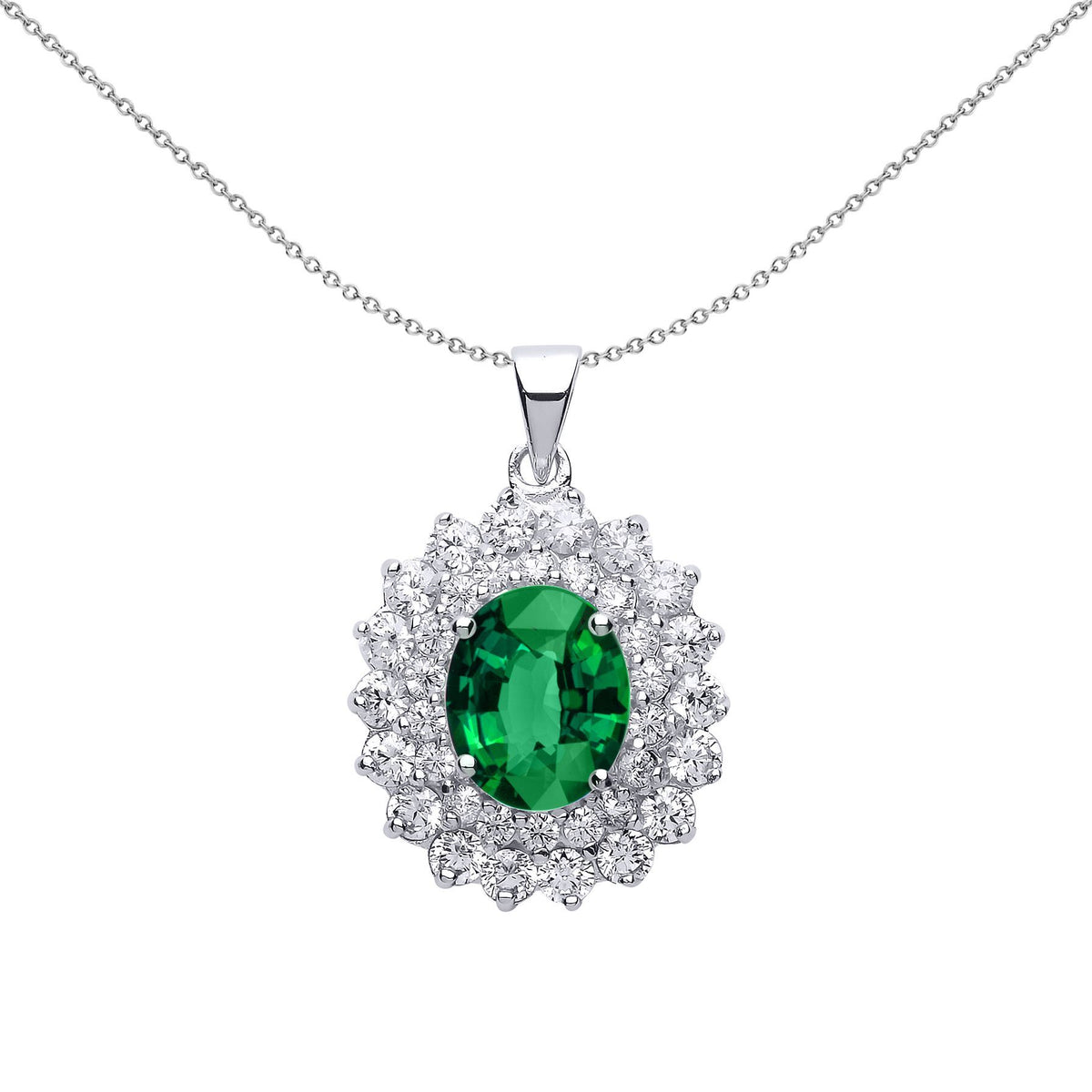 Silver  Green Oval CZ Royal Cluster Solitaire Halo Pendant - GVP217EM