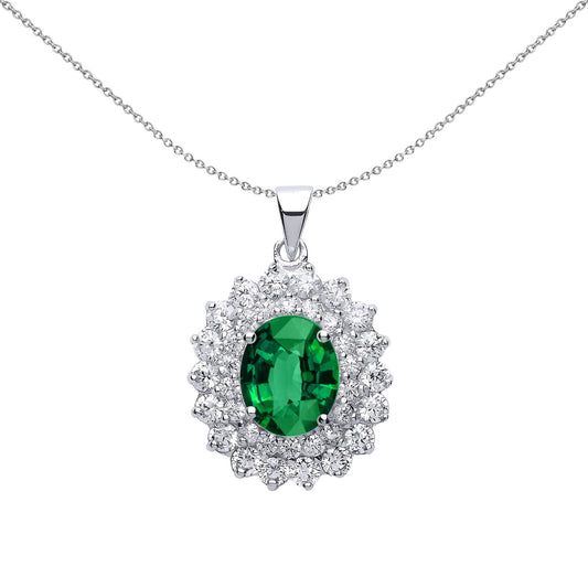 Silver  Green Oval CZ Royal Cluster Solitaire Halo Pendant - GVP217EM